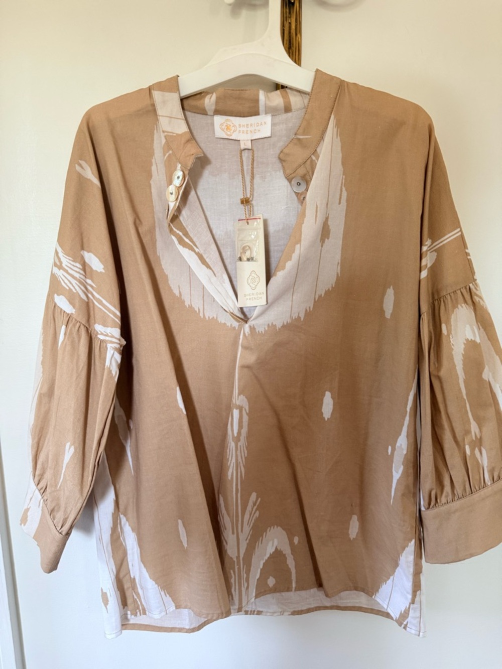 Sheridan French Tan & White Split-Neck Blouse